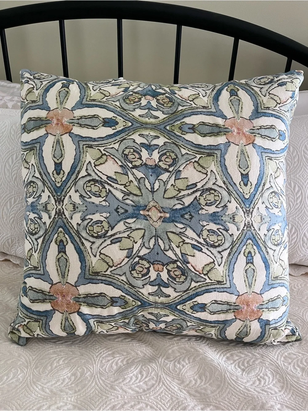 NWOT Pottery Barn Pillow Cover 24” Cotton Linen Coastal Boho Blue Green Batik